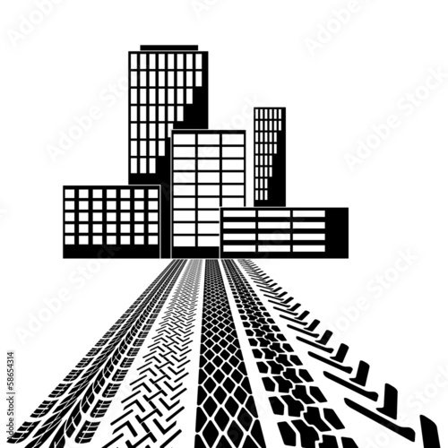Set of detailed tire prints, leading to the building. Vector ill