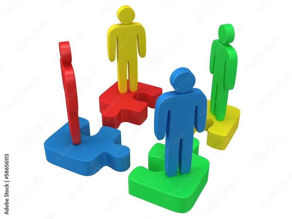 3d color puzzle and people on white 3d color puzzle and people on white