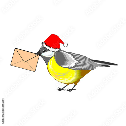 A Christmas titmouse with a letter in its beak