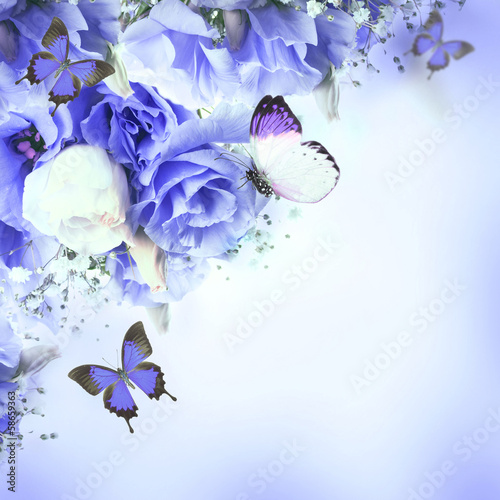 Bouquet of pink roses and butterfly, floral background