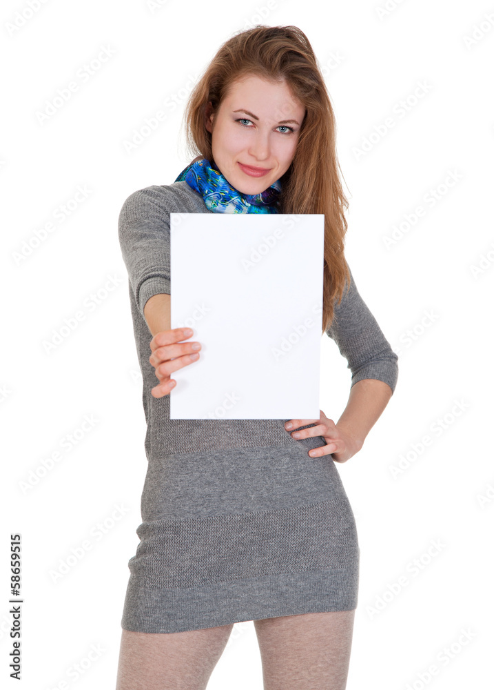 nice woman holds blank sheet of paper nice woman holds blank sheet of paper