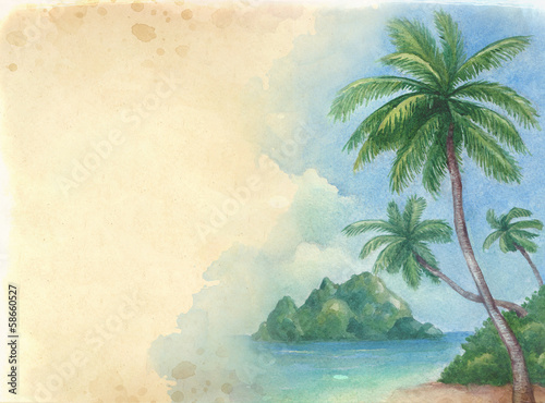 Watercolor background with illustration of the tropical beach