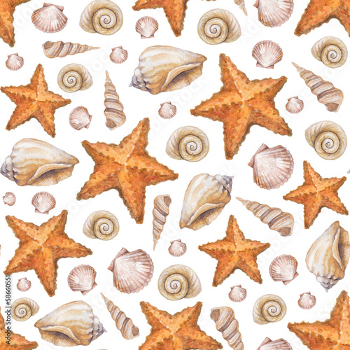Artistic seamless pattern with watercolor shells and sea star il