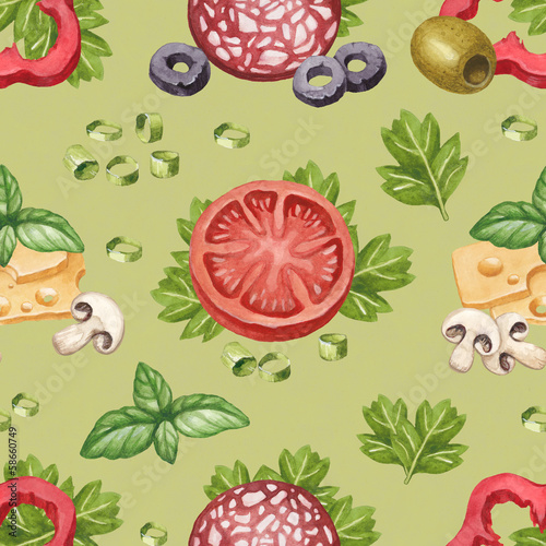 Fototapeta Naklejka Na Ścianę i Meble -  Seamless pattern with watercolor illustration of food ingredient