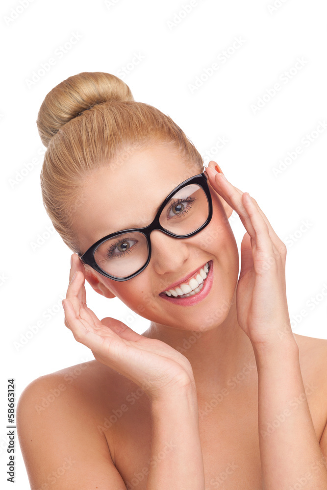 Smiling beauty enjoying new glasses Smiling beauty enjoying new glasses