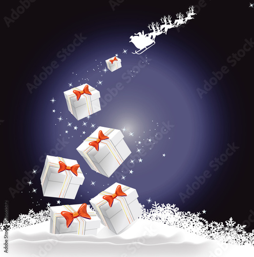 Christmas background with gifts, stars, Santa and reindeer