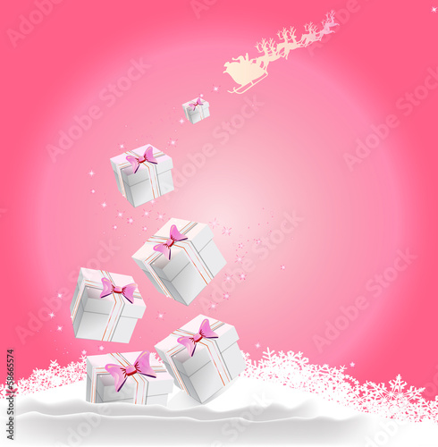 Christmas background with gifts, stars, Santa and reindeer