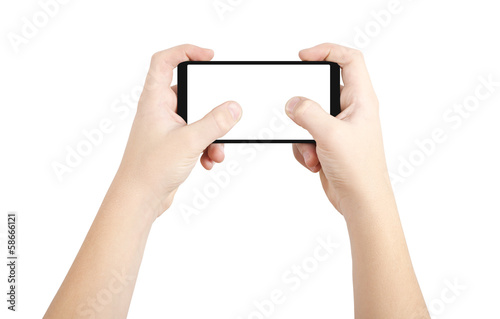 Two hands playing on smart phone, isolated