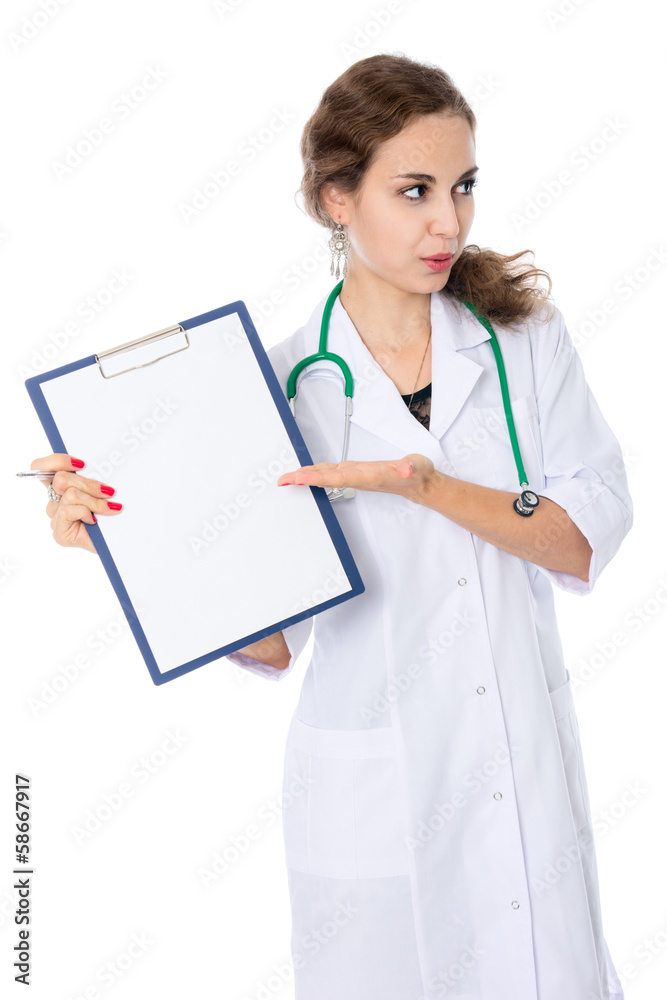 Portrait of young cheerful prosperous nurse shows his hand on th Portrait of young cheerful prosperous nurse shows his hand on th