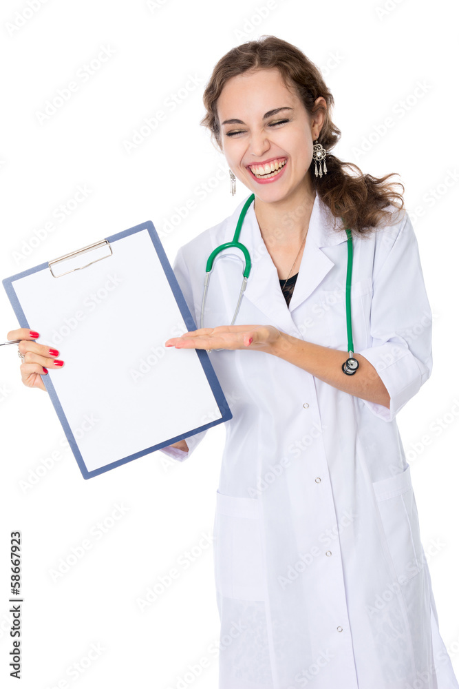 Portrait of young cheerful prosperous nurse holding a writing ta Portrait of young cheerful prosperous nurse holding a writing ta