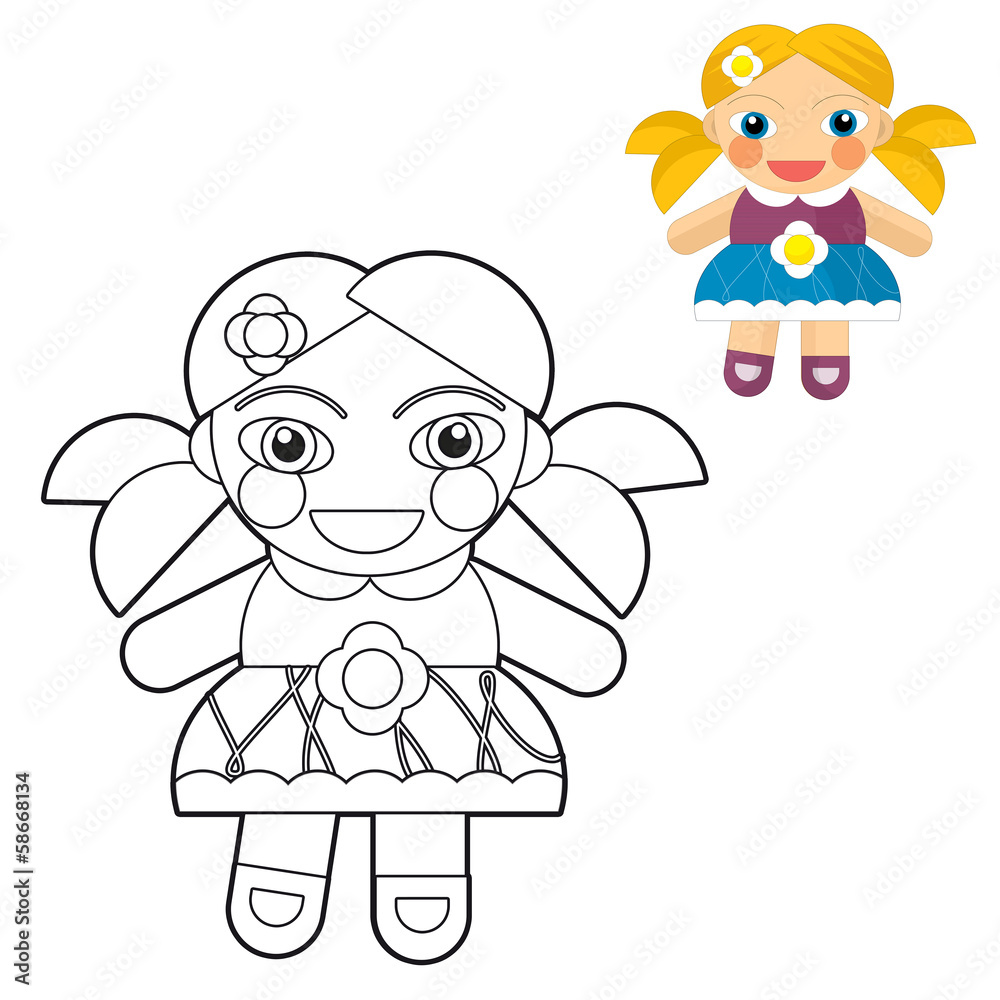 Obraz premium Cartoon girl - doll - coloring page with preview for children