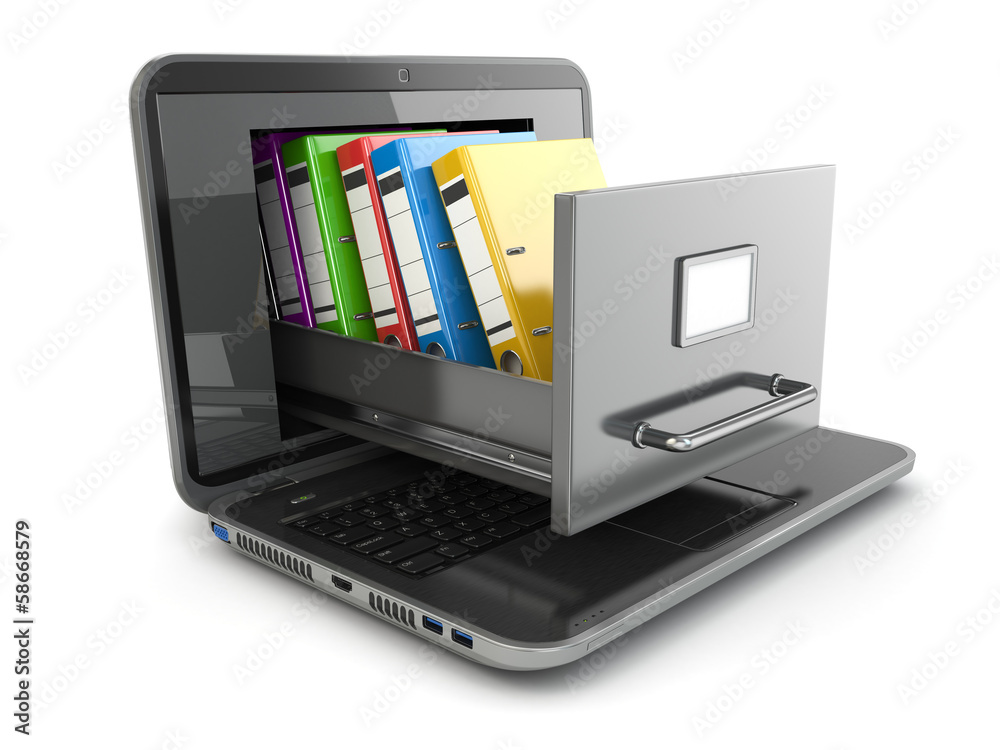 Data storage. Laptop and file cabinet with ring binders. Data storage. Laptop and file cabinet with ring binders.