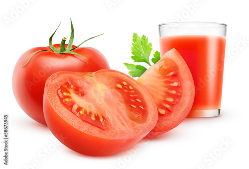 isolated vegetable drink. Glass of tomato juice and cut tomatoes isolated on white background photo