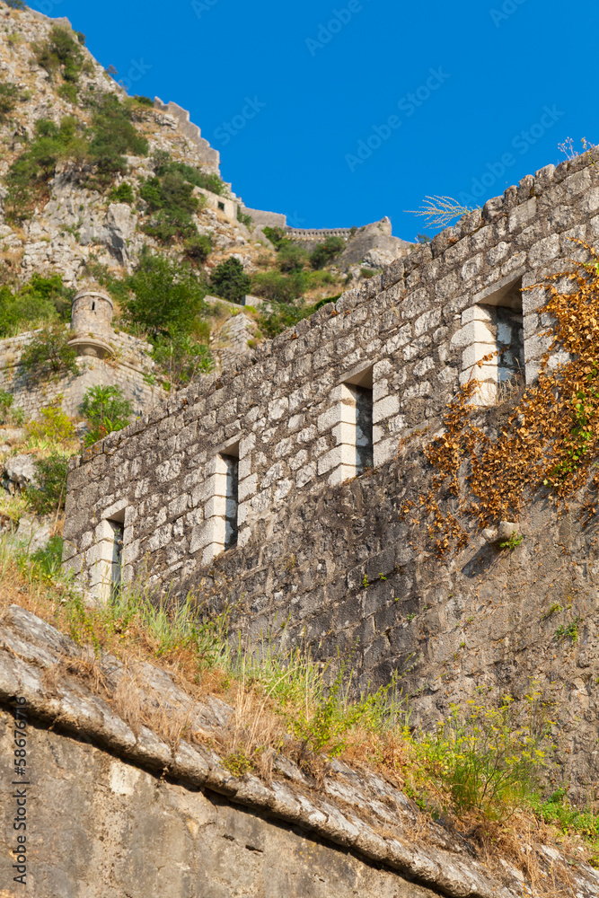Walls of ancient stone fortress in Kotor town, Montenegro