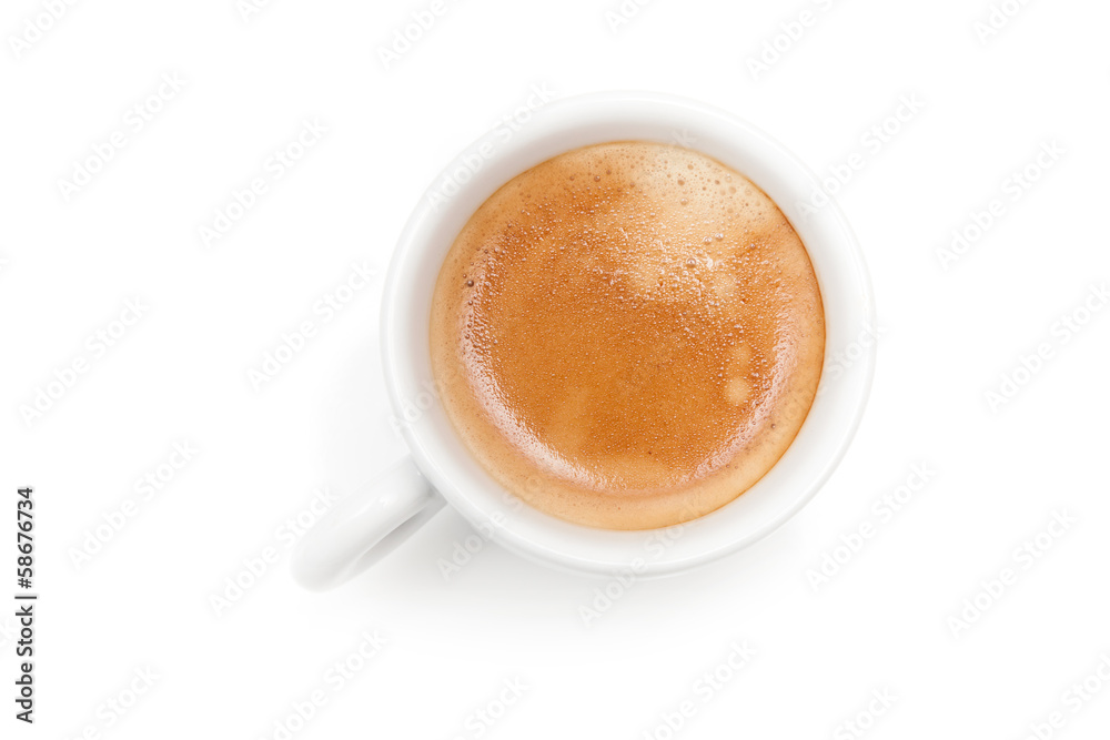 Fotografie Small espresso coffee cup. Top view isolated on white