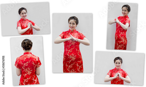 collection of beautiful young Asian woman with gesture of congra photo