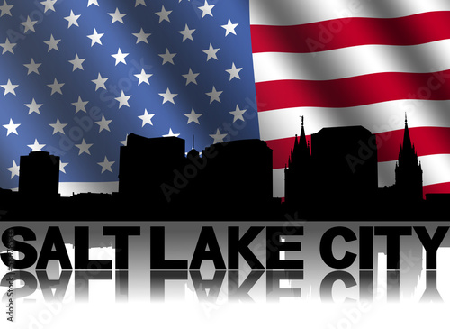 Salt Lake City skyline text reflected American flag illustration