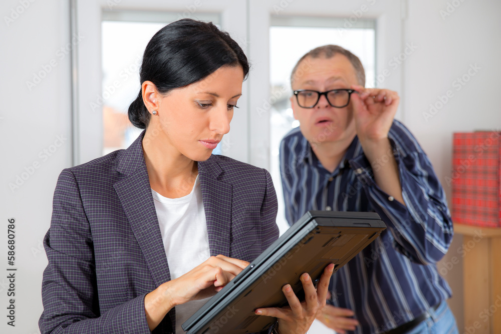 businesswoman and businessman with glasses businesswoman and businessman with glasses