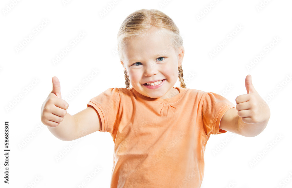 Happy preschool girl showing thumbs up, Isolated over white Happy preschool girl showing thumbs up, Isolated over white