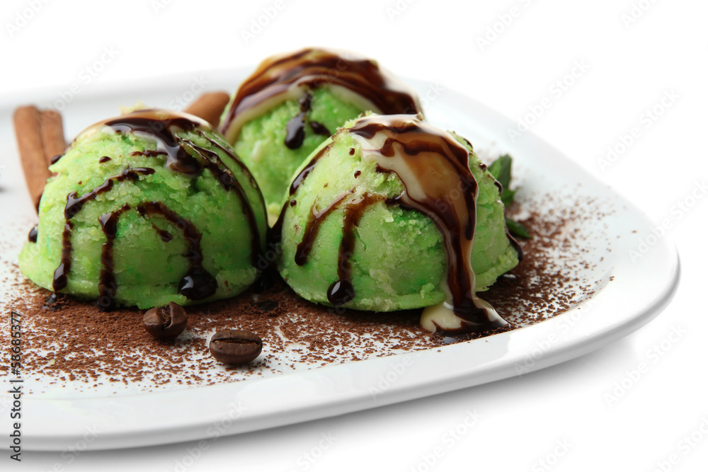 Delicious ice cream on plate isolated on white Delicious ice cream on plate isolated on white