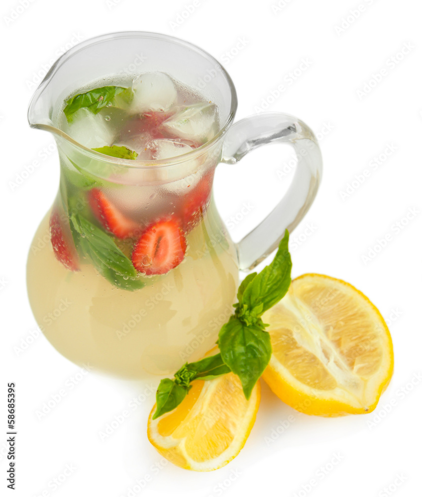 Fototapeta premium Basil lemonade with strawberry, isolated on white