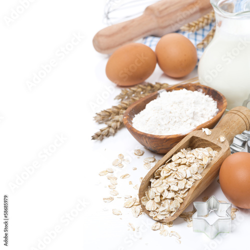 ingredients and molds for baking oatmeal cookies, isolated