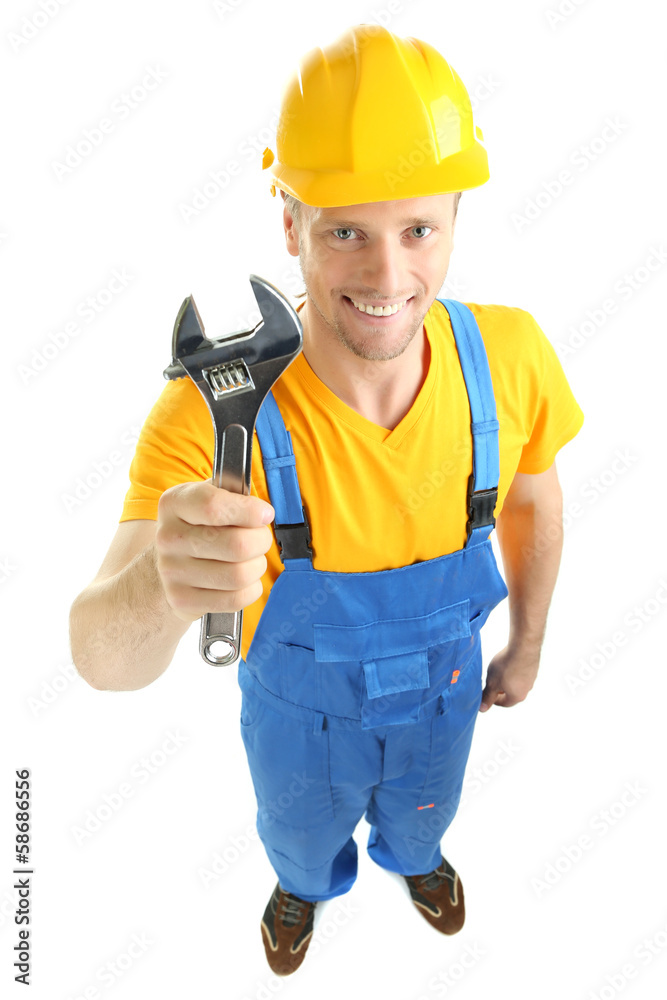 Portrait of young builder isolated on white Portrait of young builder isolated on white