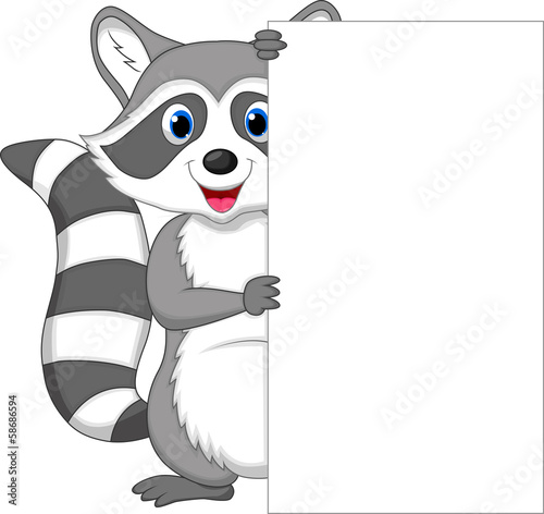 Cute raccoon cartoon holding blank sign
