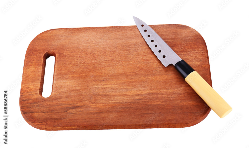 Kitchen knife  and wooden cutting board ,isolated on white
