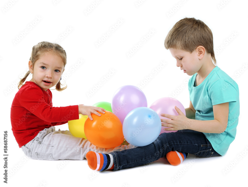 Little children with colorful balloons isolated on white Little children with colorful balloons isolated on white