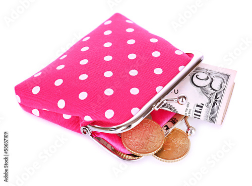 Pink purse with money isolated on white