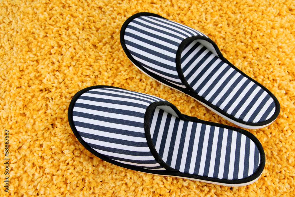 Striped slippers on carpet background