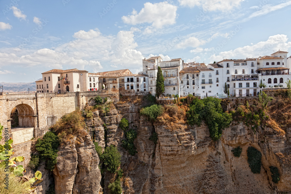  bridge and houses on edge of an abyss in city Rhonda, Spain