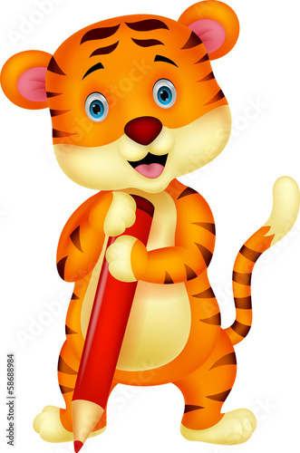 Cute tiger cartoon holding red pencil