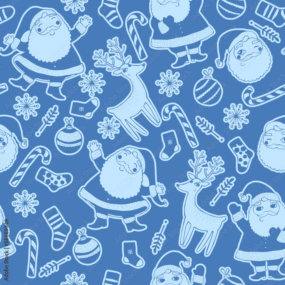 Seamless background with deer, santa, snowflakes, balls. Seamless background with deer, santa, snowflakes, balls.