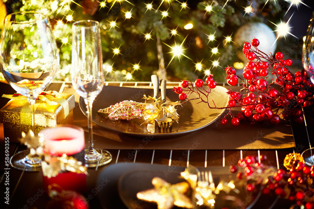 Christmas And New Year Holiday Table Setting. Celebration