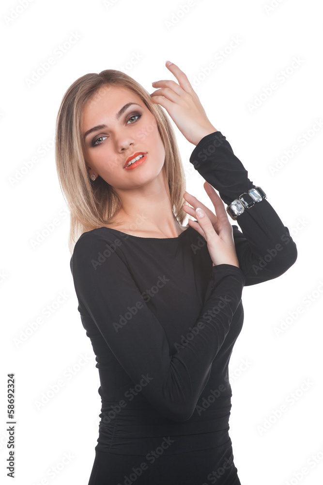 Portrait of trendy blonde woman in black dress Portrait of trendy blonde woman in black dress