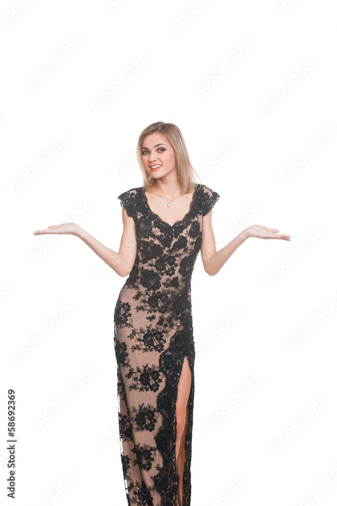 Portrait of trendy young woman in guipure dress Portrait of trendy young woman in guipure dress