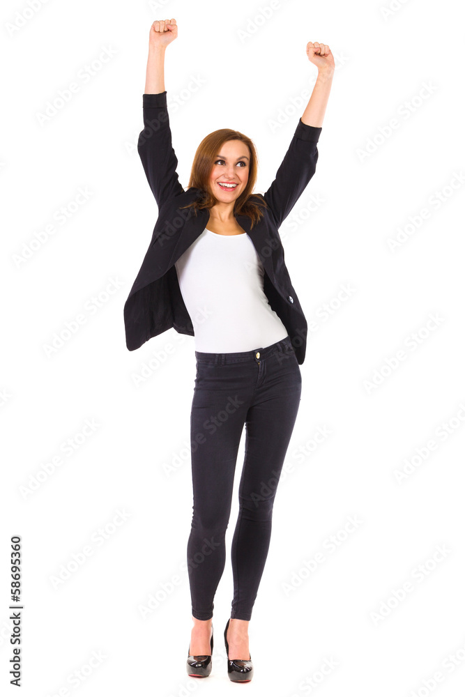 Smiling beautiful woman with raised hands. Smiling beautiful woman with raised hands.