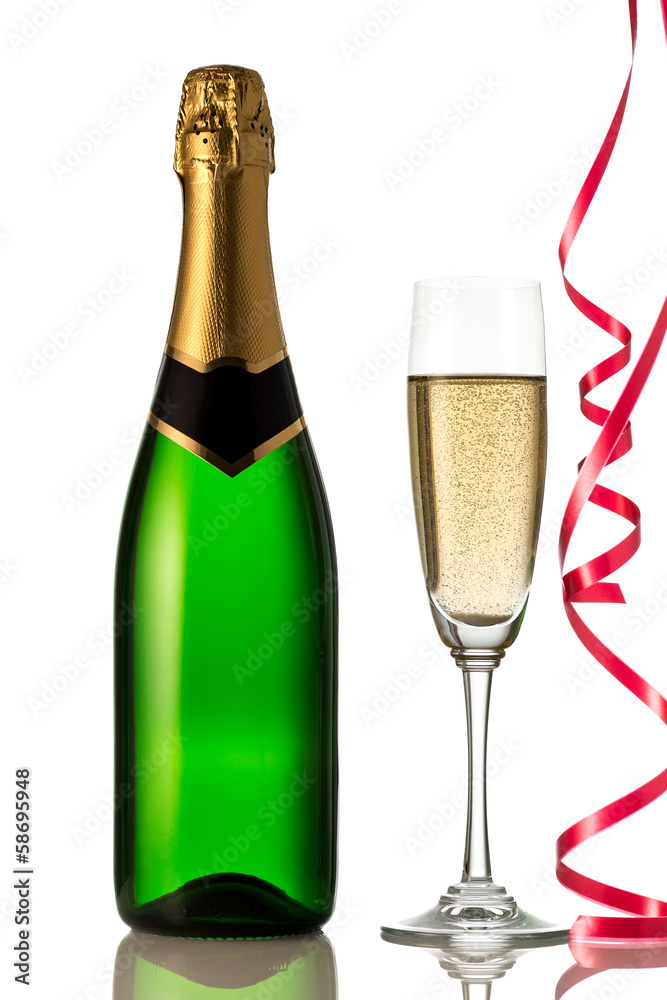 Glasses and bottle of champagne, serpentine isolated on a white Glasses and bottle of champagne, serpentine isolated on a white