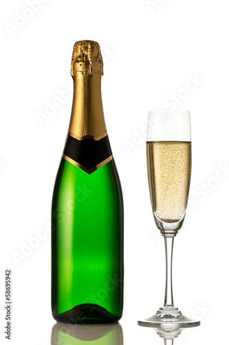 Glasses and bottle of champagne isolated on a white