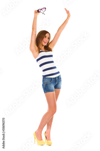 Happy young woman waving hands.