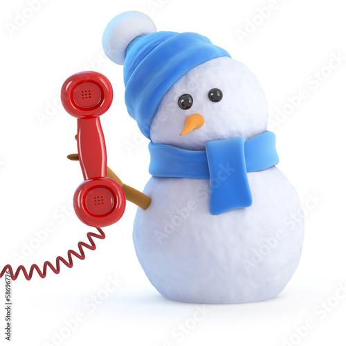 Blue snowman answers the phone
