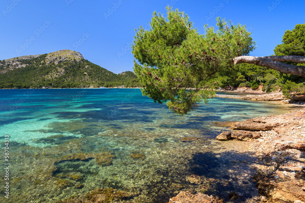 Beach sea bay mountain view , Cala Pi de La Posada, Majorca
