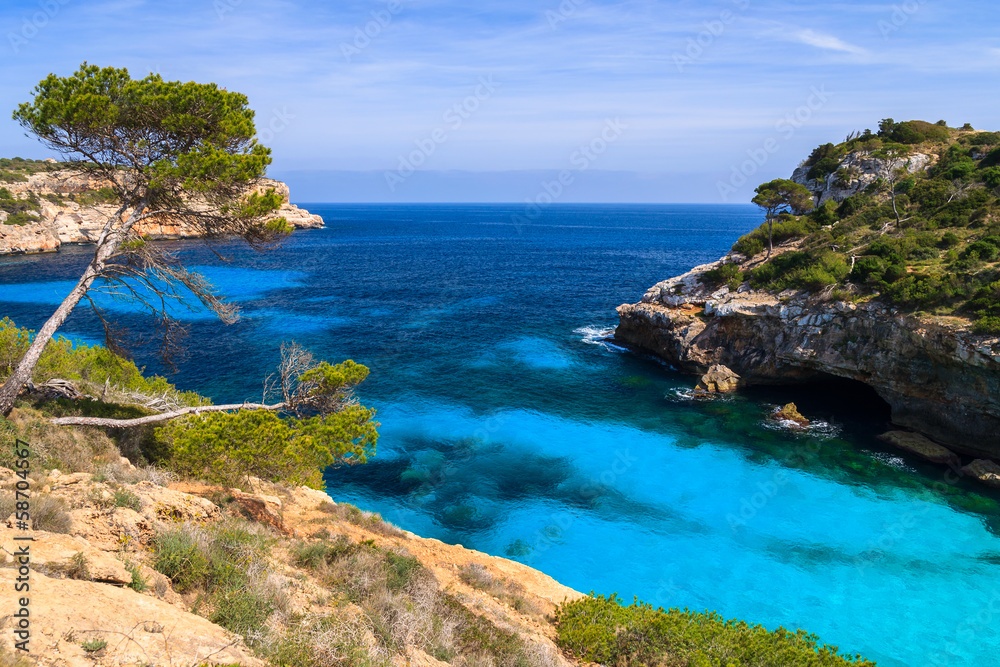 Bay with azure sea water, Cala des Moro, Majorca island