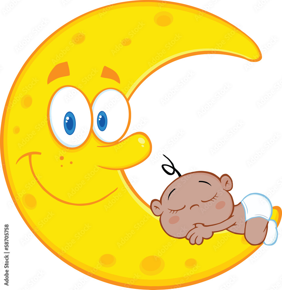 Cute African American Baby Boy Sleeps On The Smiling Moon
