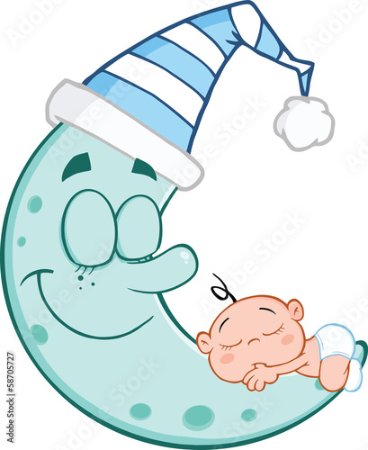 Cute Baby Boy Sleeps On Blue Moon Cartoon Characters