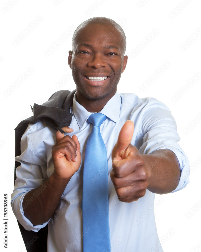 African businessman with jacket showing thumb African businessman with jacket showing thumb