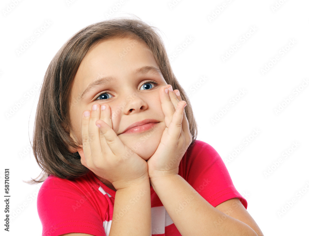 portrait of a pretty little girl in red shirt on a white backgro portrait of a pretty little girl in red shirt on a white backgro