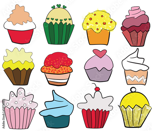 collection of tasteful colorful cupcakes, freehand illustration